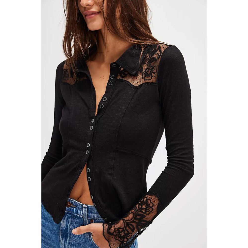 Free People Black Lace Button Down Shirt